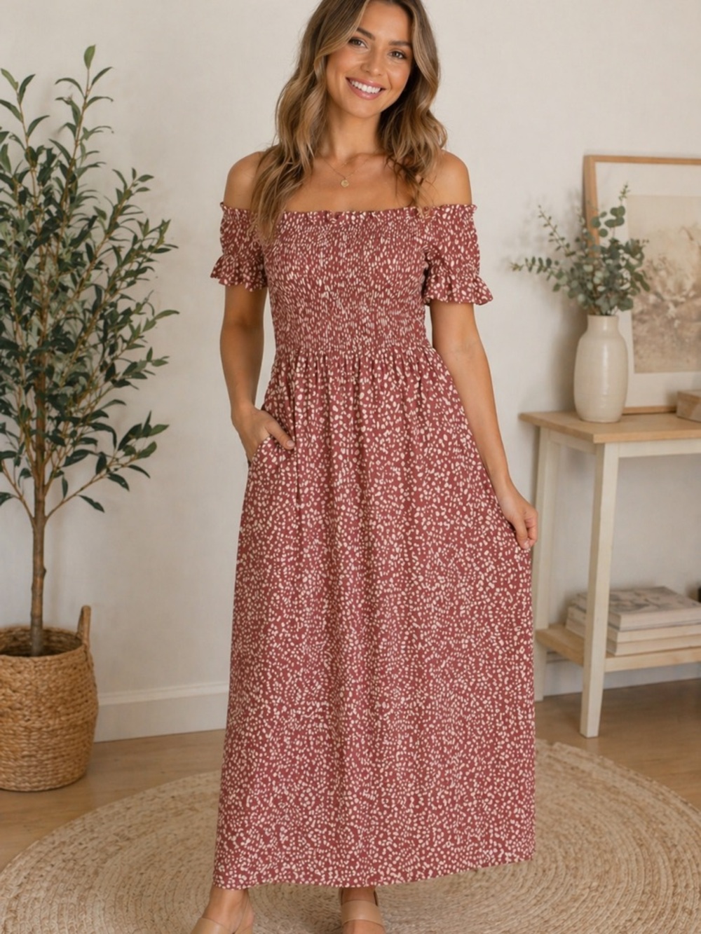 Vine & Love Off-Shoulder Smocked Maxi Dress Dusty Rose Stretch Size Large